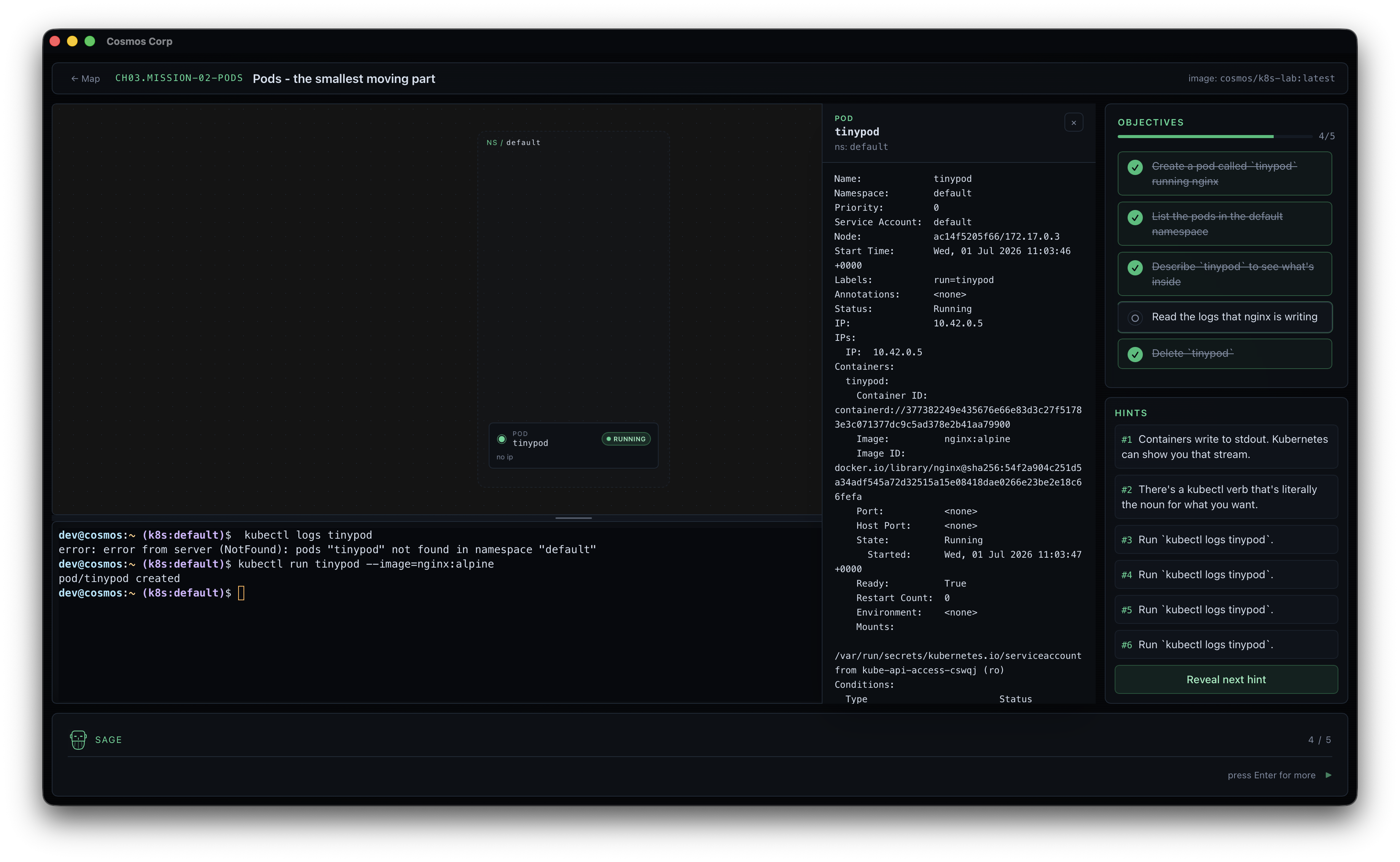 Une mission Kubernetes dans Cosmos Corp, avec terminal, cluster view, objectifs et indices